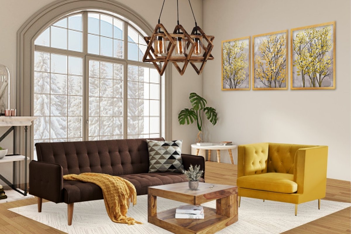 yellow chair and brown sofa
