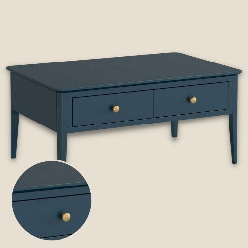rectangular blue coffee table with drawers