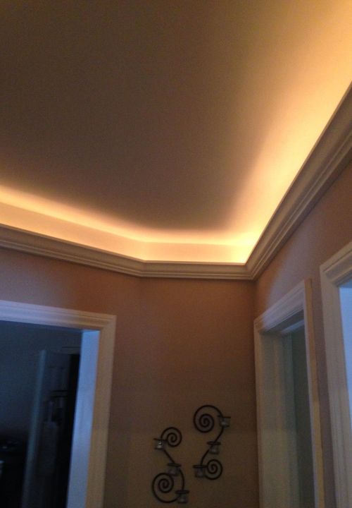 vaulted ceiling with LED strip lights