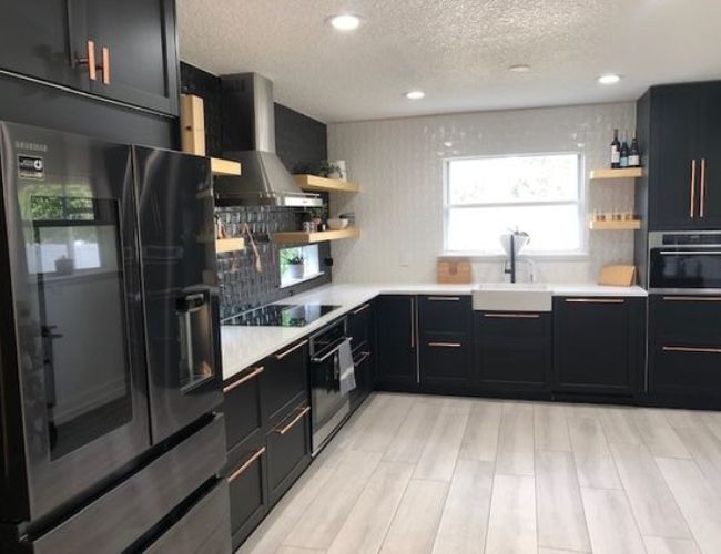 black cabinets and appliances