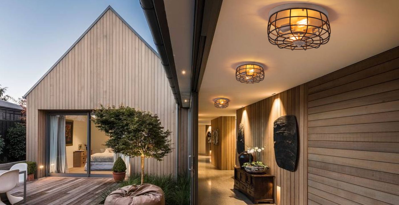 beautiful hallway farmhouse with flush mount lighting