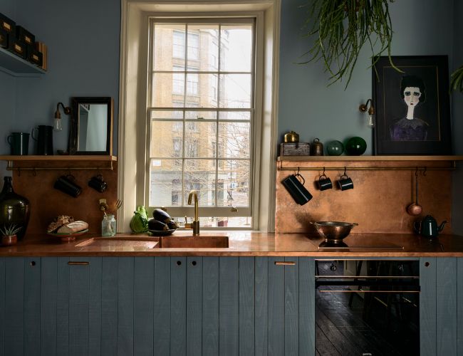 teal and copper kitchen