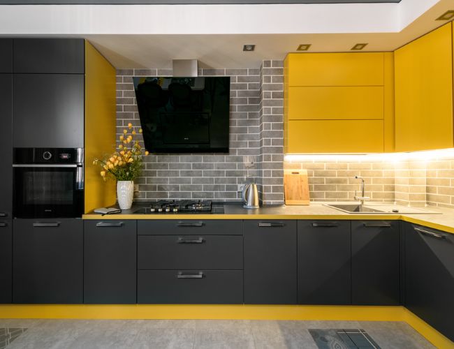 yellow and charcoal grey kitchen