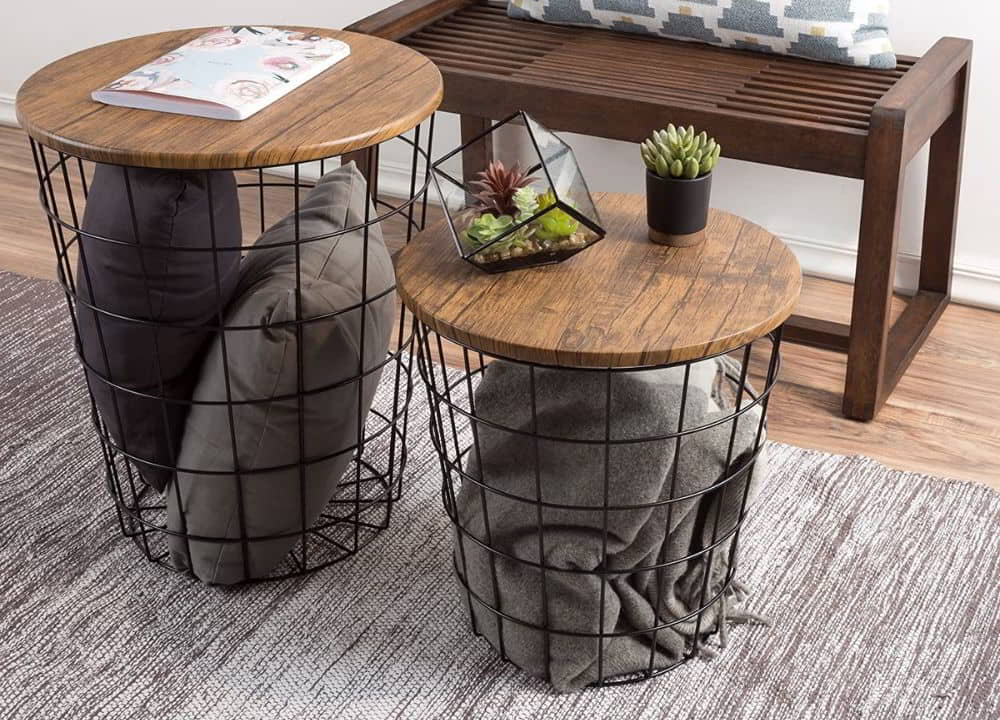 Nesting Wire Basket Small Round Coffee Table with Storage