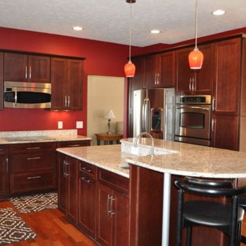 red coloured cabinets