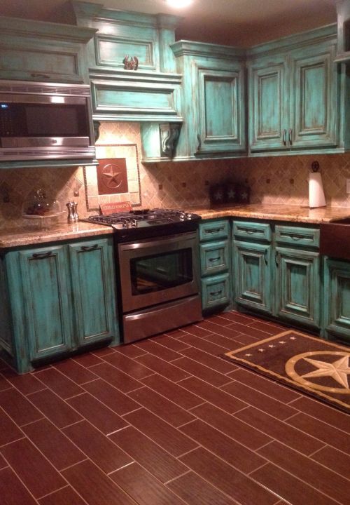 Distressed Turquoise Kitchen Cabinets and Brown