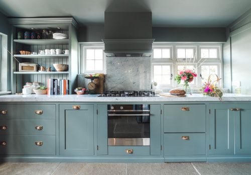 Grey with Turquoise Cabinets