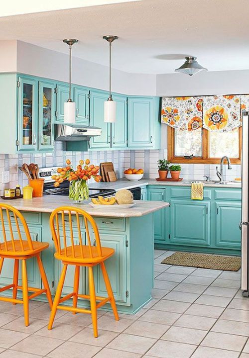 Orange with Turquoise Cabinets