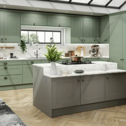 sage green and grey kitchen