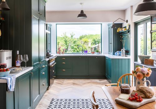 turquoise cabinets and beige