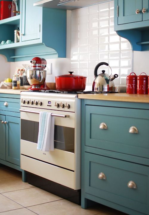 Turquoise Cabinets and Red