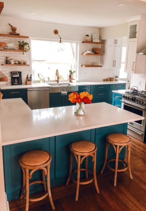 White and Turquoise Kitchen Cabinets