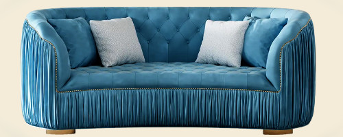 Luxury Modern Blue Velvet Curved Upholstered Tufted 3-Seater Sofa