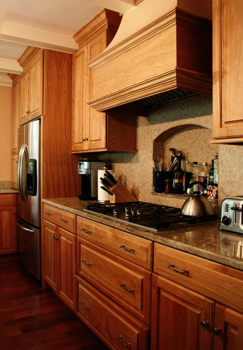 beige with light wood cabinets