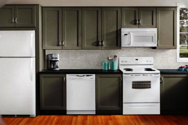 gray kitchen color with white appliances