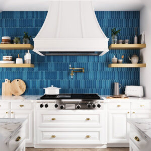 kitchen with blue tiles backsplash