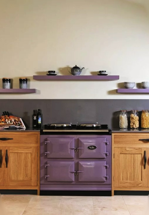 lavender with light wood cabinets