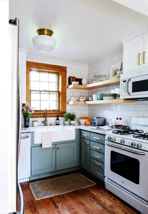 light blue kitchen color with white appliances