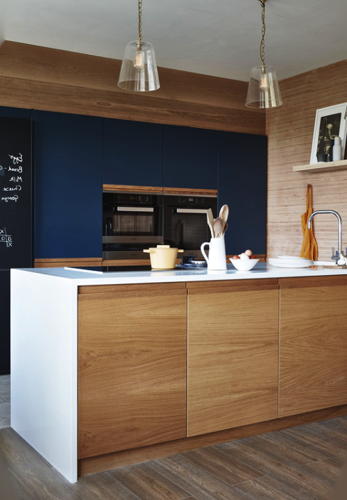 navy blue with light wood cabinets