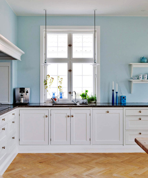 pale blue paint for kitchen with white cabinets