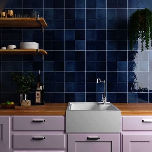 purple cabinets and blue or navy tiles