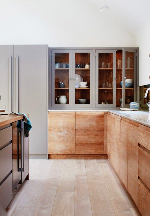 soft grey with light wood cabinets
