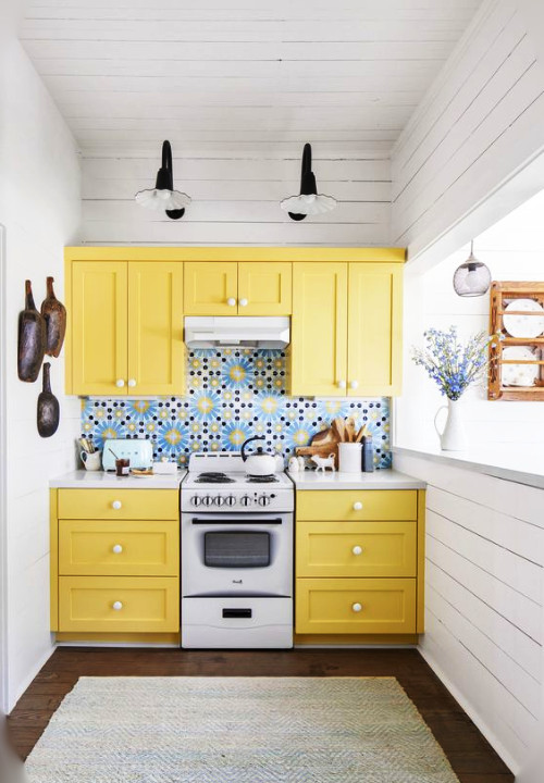 yellow cabinets and blue or navy tiles