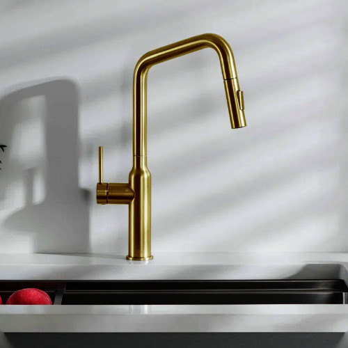 brushed gold pull down kitchen faucet